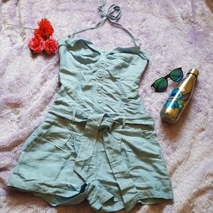 Tie neck jean romper